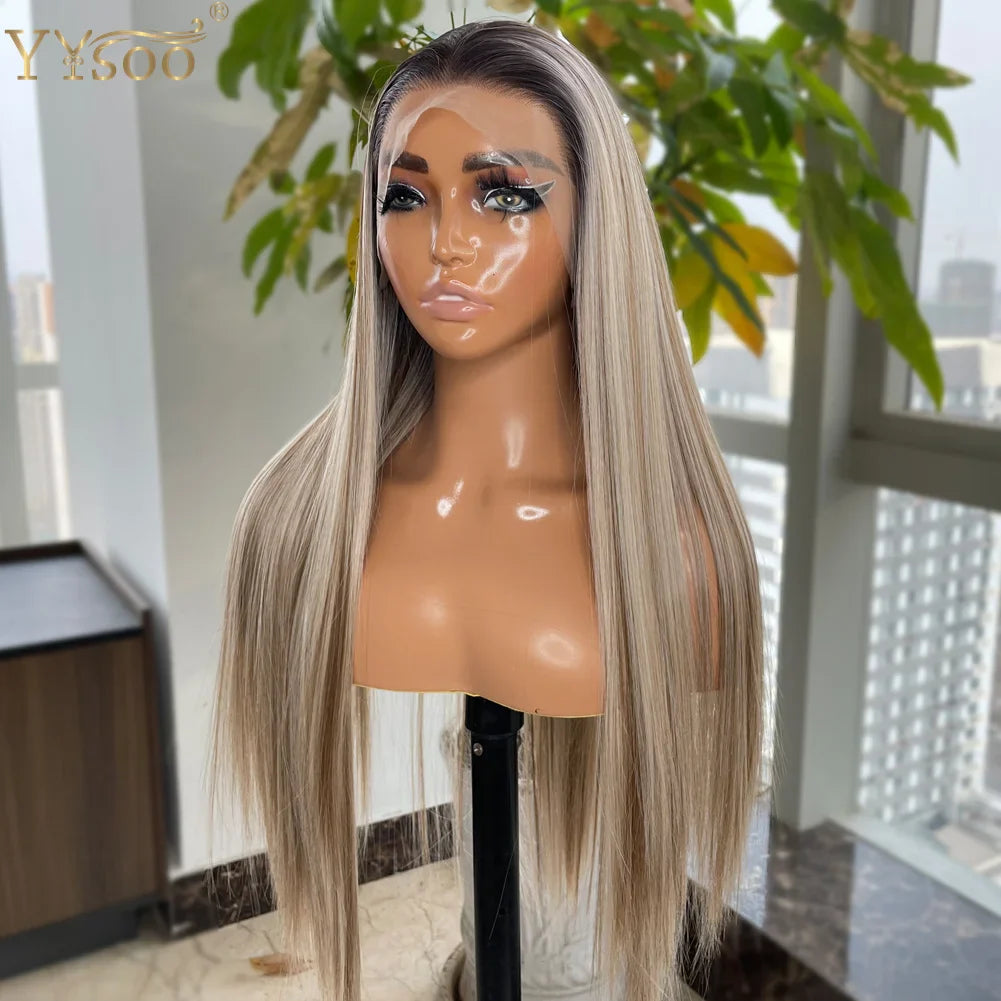 YYsoo Long Silky Straight Ombre Highlights Synthetic Wig 13x4 Futura Lace Front Wigs For Women Pre Plucked Hairline Dark Roots