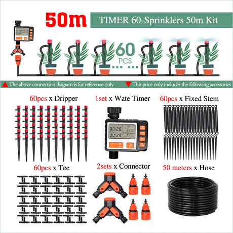 50-5M Garden 13cm Sprinkler Drip Wateing Systems Smart Timer 1/4“ Hose Automatic Irrigation Equipment for Greenhouse Bonsai Yard