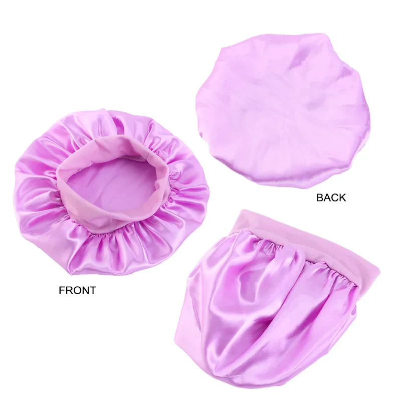 3PCS/LOT Children Elastic Sleepcap Kids Simple Solid Color Satin Bonnets Cute Nightcap Beauty And Hair Care Cap Shower Hat