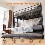 Twin Over Twin Bunk Bed with Trundle for Adult, Dormitory, Bedroom, Sturdy Steel Bedframe w/Guardrail & Ladder, Space Saving