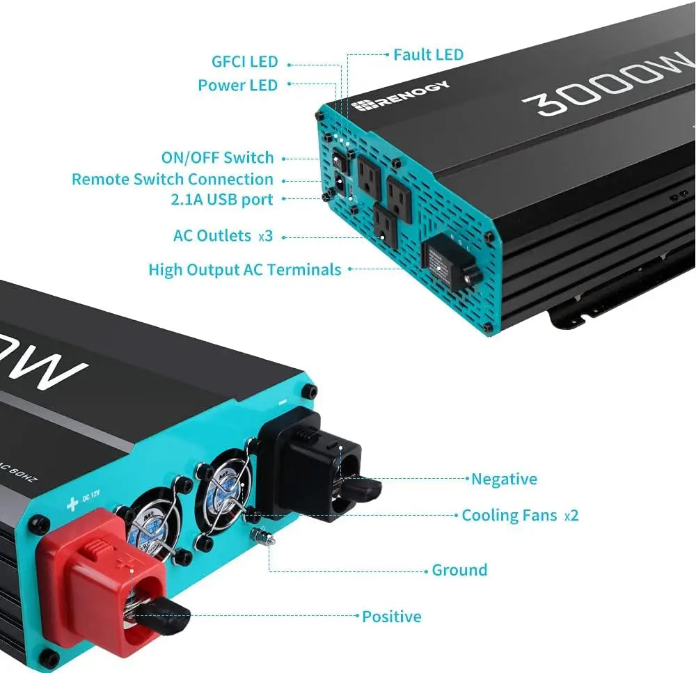 Renogy 3000W Pure Sine Wave Inverter 12V DC to 120V AC Converter