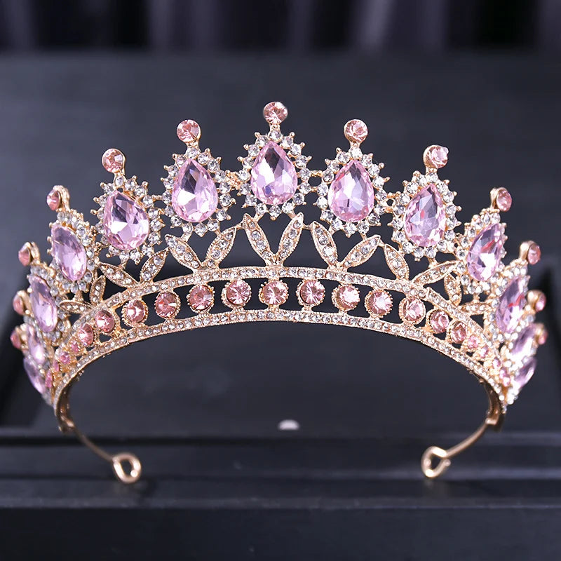 Pink Crystal Tiaras And Crowns For Women Bride Pink Rhinestone Prom Diadem Crown Tiara Bridal Wedding Hair Accessories Jewelry