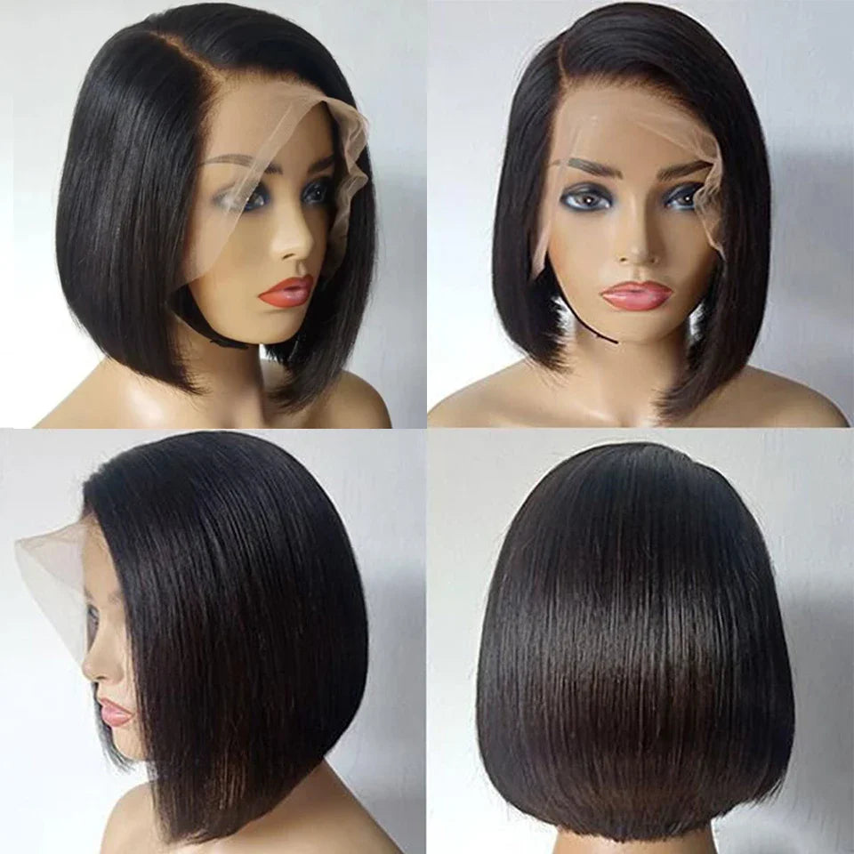 Straight 13x4 Lace Front Short Bob Wig Natural Black Human Hair Wig for Black Women side part Closure Bob Wig Brazilian Hair