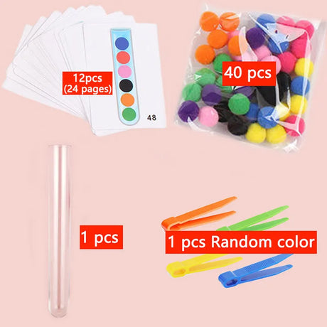 54-109pcs Fine Motor Sorting Set Kids Educational Toy Test Tube Pompoms Tweezers Color Matching Card Montessori Chidlren Gifts