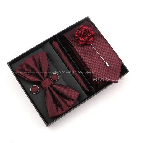 Solid Color Slim Plaid Ties Set With Box Purple Pink Bowties Handkerchiefs Brooches Cufflinks For Wedding Suit Accessories Gifts