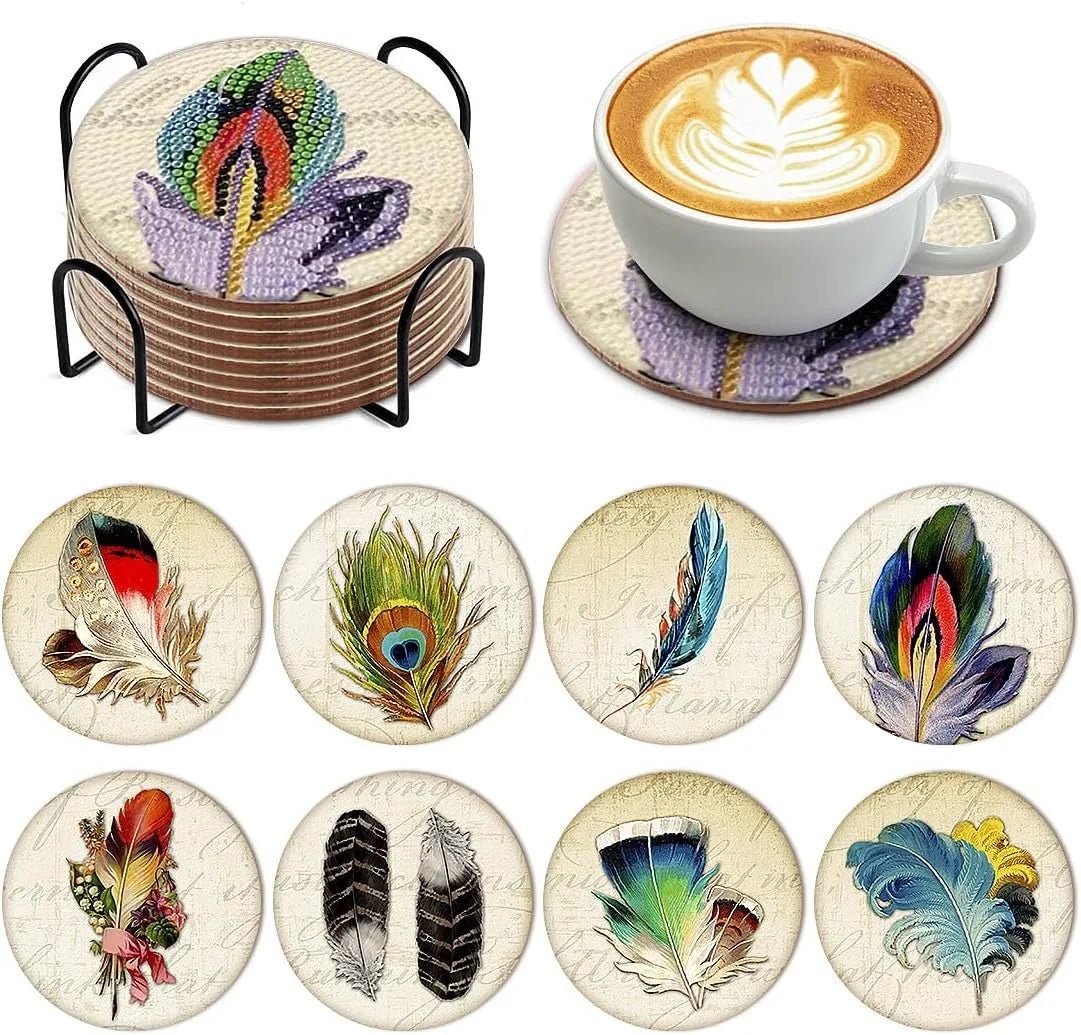 8Pcs DIY Diamonds Painting Coaster Animal Flower Non-slip Anime Art Mosaic Cup Cushion with Rack Rhinestones Paintings Decor