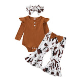 Citgeett Autumn Infant Baby Girls Jumpsuit Solid Color Ribbed Fly Sleeve Romper + Leopard Flare Pants Spring Clothes