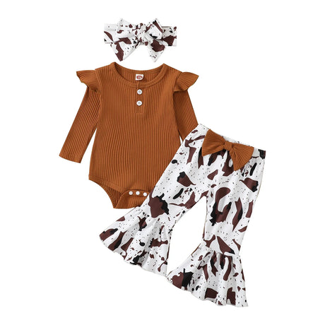 Citgeett Autumn Infant Baby Girls Jumpsuit Solid Color Ribbed Fly Sleeve Romper + Leopard Flare Pants Spring Clothes