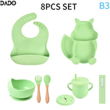 Baby Feeding Set Silicone Suction Bowls Divided Plates Straw Sippy Cup Toddler Self Eating Utensils Dishes Kit Bibs Spoons Fork