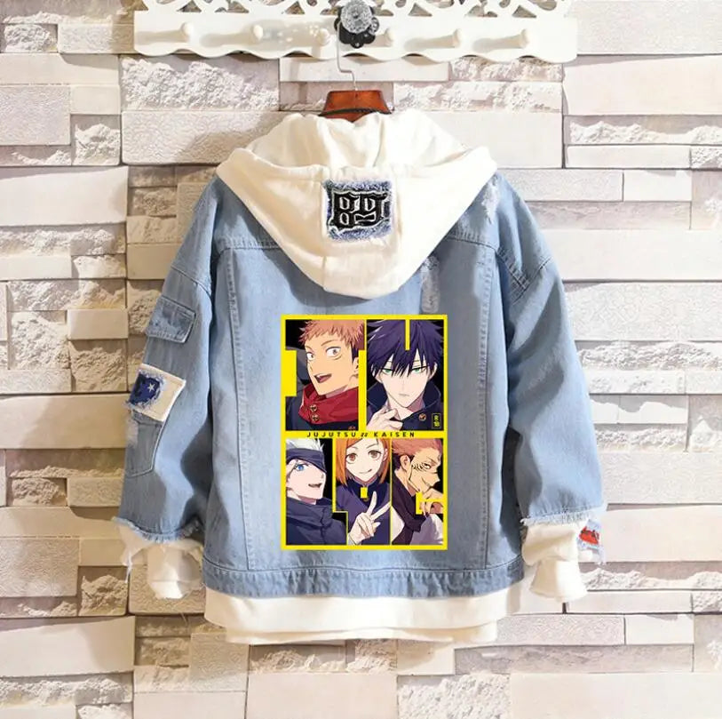 Hot Anime Jujutsu Kaisen Anime Men Jeans Jacket Gojo Satoru Print Casual Women Patchwork Denim Jacket Autumn Hooded Outwear Coat