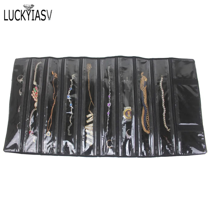 Fashion Black Velvet Zipper Jewelry Roll Bag for Jewellery Ring Earrings Organizer Storage Bag Portable Necklace Display Cases