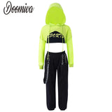 Girls Hip Hop Dance Sports Sets Kids Hooded Net Cover Up Crop Tops Vest And Pants Suit Fashion Jazz Modern Street Dance Costumes