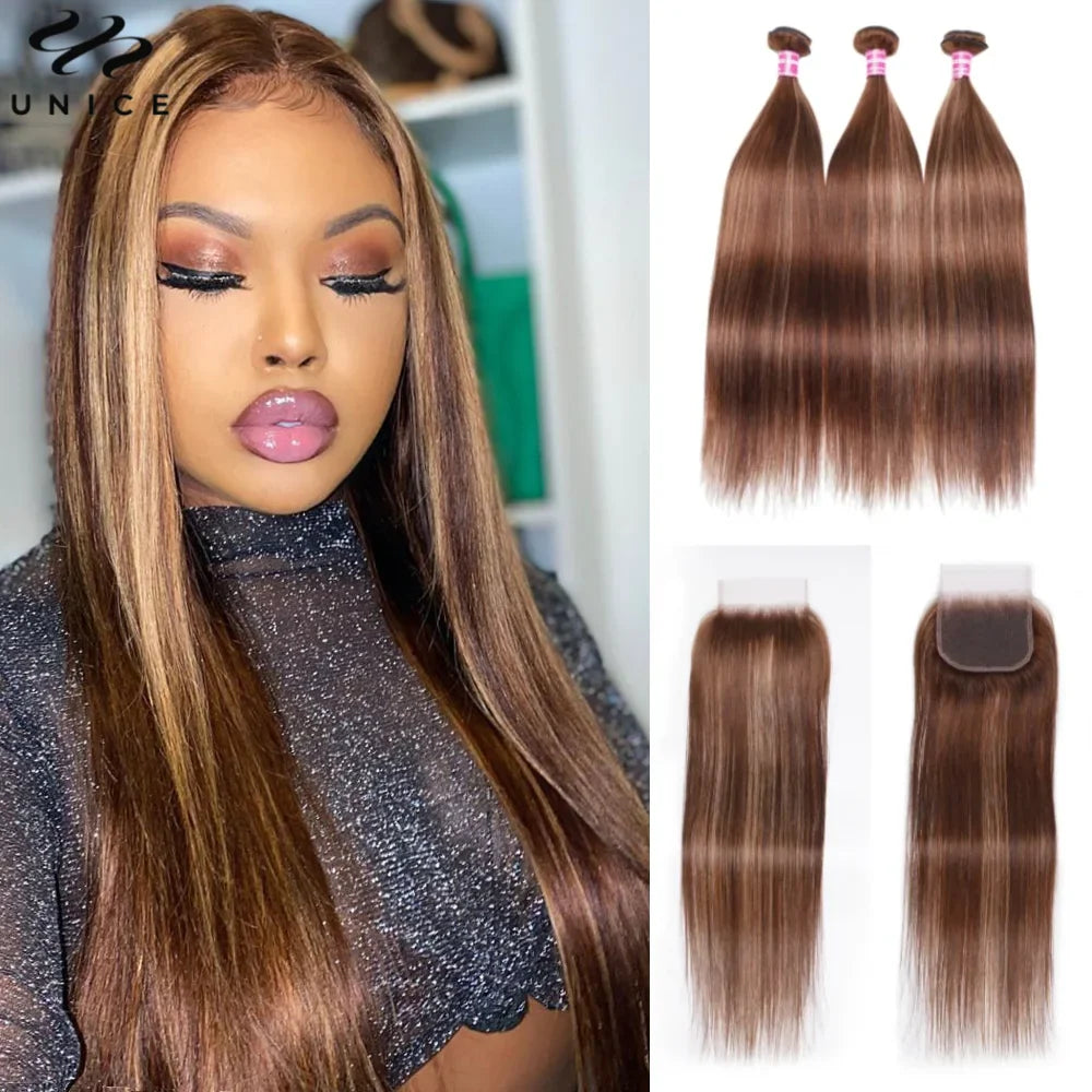 UNice Hair Blonde Highlight Human Hair Bundles With Closure Straight Hair 3/4 Bundles with 4X4 Lace Closure Can Make A 200% Wig