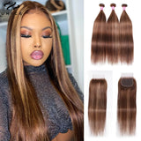 UNice Hair Blonde Highlight Human Hair Bundles With Closure Straight Hair 3/4 Bundles with 4X4 Lace Closure Can Make A 200% Wig