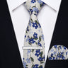 Yourties Men's Cotton Champagne Necktie with Clip Pocket Square Set for Wedding Business Causal Blue Floral Print Tie for Man