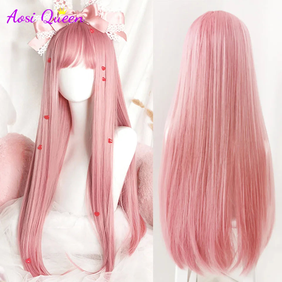 AS  Cosplay Wig With Bangs Synthetic Straight Hair 24 Inch Long Heat-Resistant Pink Wig For Women