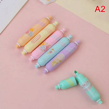 6Pcs/Lot Cute Cartoon Cat Highlighters School Office Stationery Students Drawing Supplies Kawaii Ice Cream Mini Paint Marker Pen