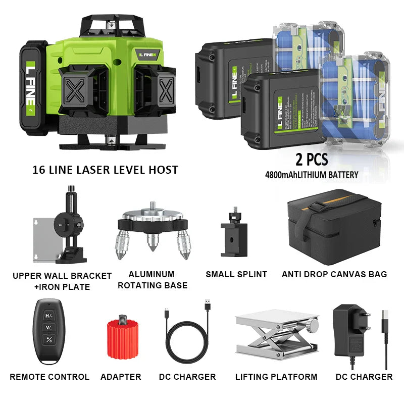 LFINE 3D/4D Laser Level 12/16 Lines Horizontal And Vertical With Remote Control 8 Lines 360°Self-leveling Laser Levels