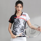 Badminton Training Shirts Women Tennis Print Quick Dry Short Sleeve Running Exercise Breathable V Collar Fitness Table Tee