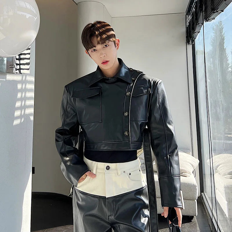 IEFB Spring Designer Short Denim Pu Leather Jacket Contrast Color 2023 Turn-down Collar Long Sleeve Male Coat Fashion 9A7435