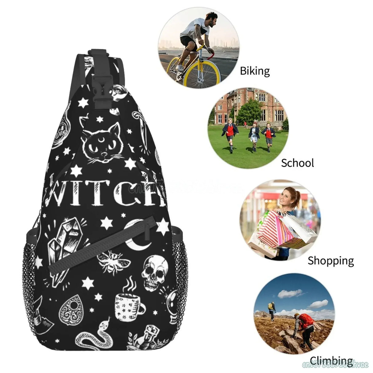 Gothic Skull Cat Moon Pattern Sling Bag Women Crossbody Chest Backpack Hiking Daypack Men Travel Casual Rideing Outdoor Beach