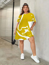 Plus Size Women's Casual Tee Dress, Fashion Plus Geometric Print Lady Short Sleeve O-Neck Medium Elasticity Breathe Nightdress