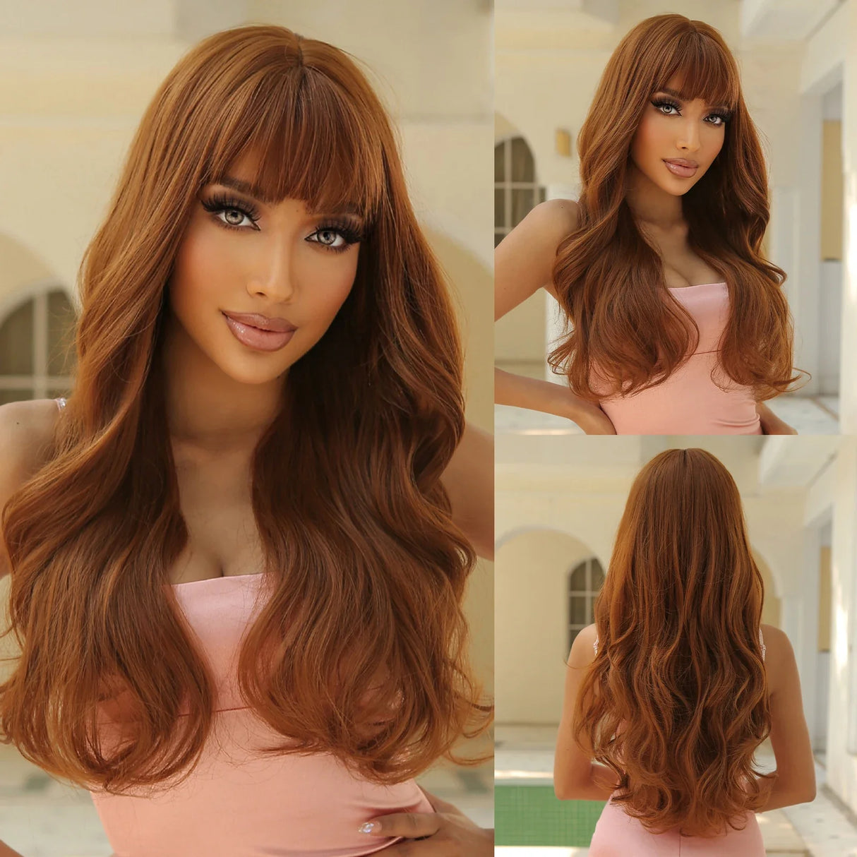 EASIHAIR Light Orange Synthetic Wigs Long Wavy Ombre Natural Hair Wigs with Bangs for Women Cosplay Lolita Wig Heat Resistant