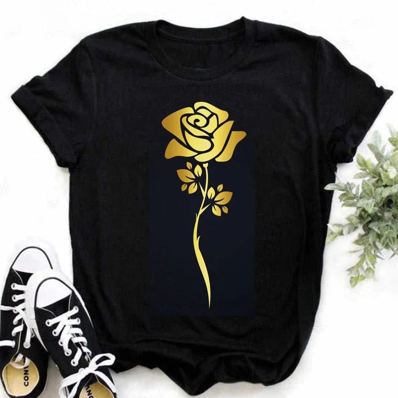 Plus Size Maycaur New Fashion Gold Rose Print Women T Shirt Harajuku Short Sleeves Tshirts Casual O-neck Top Tee Black T-shirt