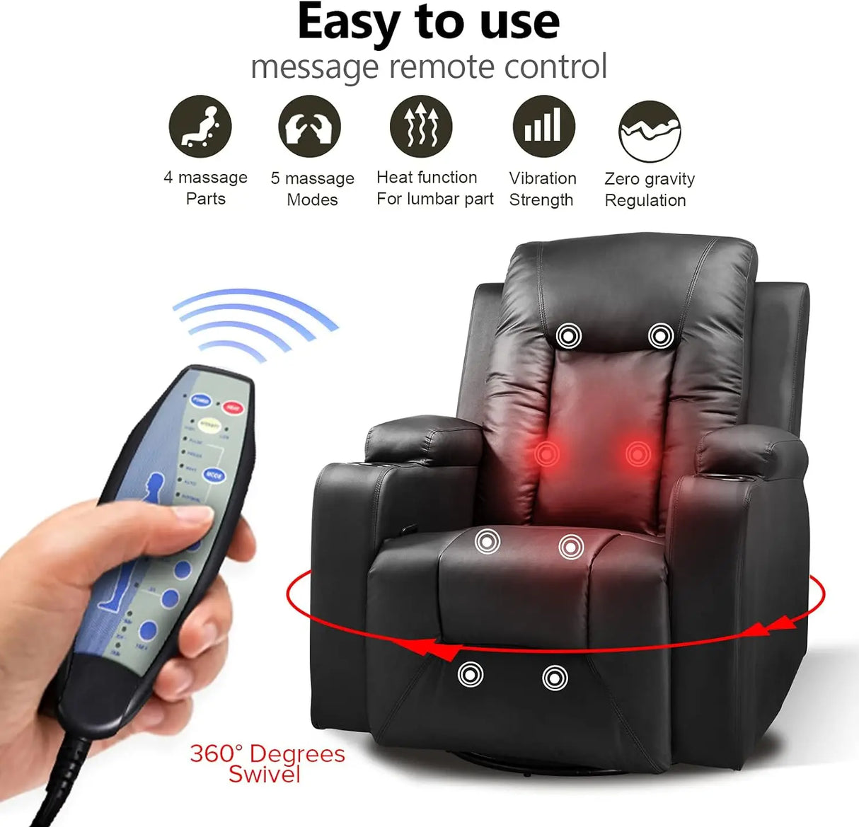 COMHOMA Leather Recliner Chair Rocker with Heated Massage Ergonomic Lounge 360 Degree Swivel Single Sofa Seat Drink Holders