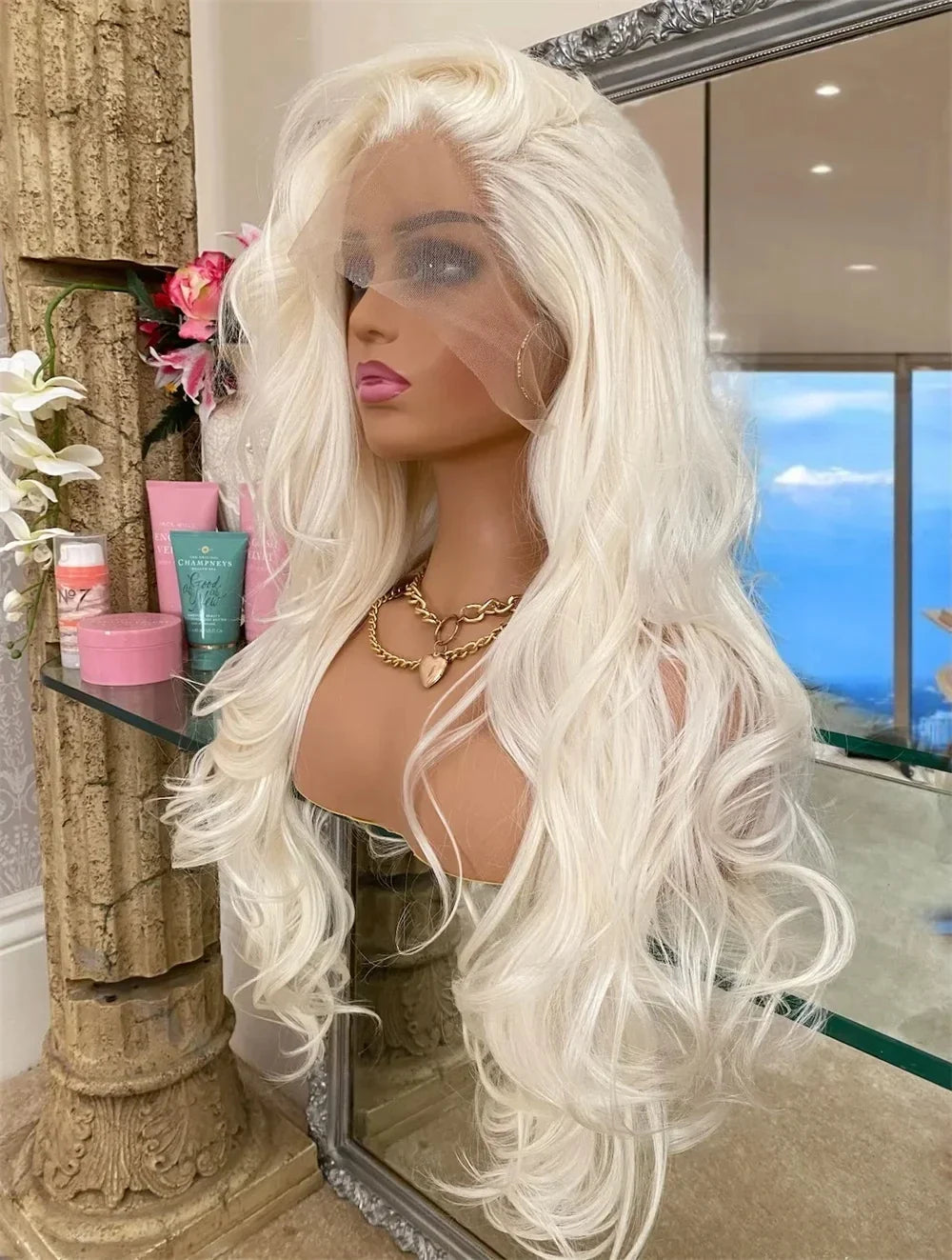 MXWIGS Body Wave Platinum Blonde Synthetic Lace Front Wigs with Free Part Natural Hairline Long Wavy Wigs Daily Cosplay  Wigs