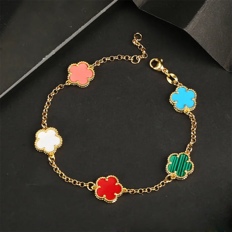 Uwin Five Leaf Flower Bracelet Natural Stone Malachite Shell Agate Flower Bracelet