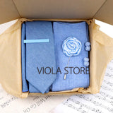 Viola Design 5PCS Gift Box Solid Cotton Sock Tie Sets Clip Pin Cufflinks Hanky Colorful Men Wedding Party Daily Cravat Accessory