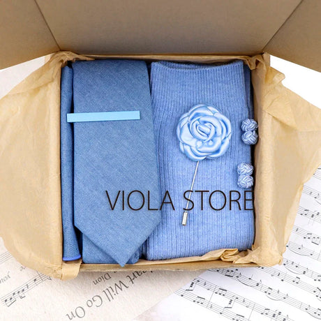 Viola Design 5PCS Gift Box Solid Cotton Sock Tie Sets Clip Pin Cufflinks Hanky Colorful Men Wedding Party Daily Cravat Accessory