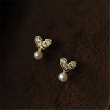 925 Sterling Silver 14k Gold Plated Stud Earrings Mock Pearl Zircon Heart Earrings for Women Elegant Temperament Jewelry