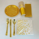 Disposable Cutlery Kraft Paper Plates Golden Cup Tableware Cake Paper Plate Napkins Straw Birthday Wedding Theme Party Decor