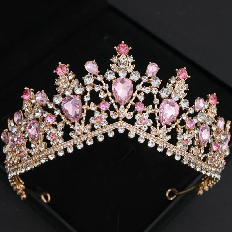 Pink Crystal Tiaras And Crowns For Women Bride Pink Rhinestone Prom Diadem Crown Tiara Bridal Wedding Hair Accessories Jewelry