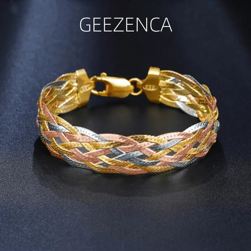 Real 925 Sterling Silver Three Color Gold Plated Multi Threads Woven Bracelets For Women Italian Jewelry Trendy Luxury Bracelets