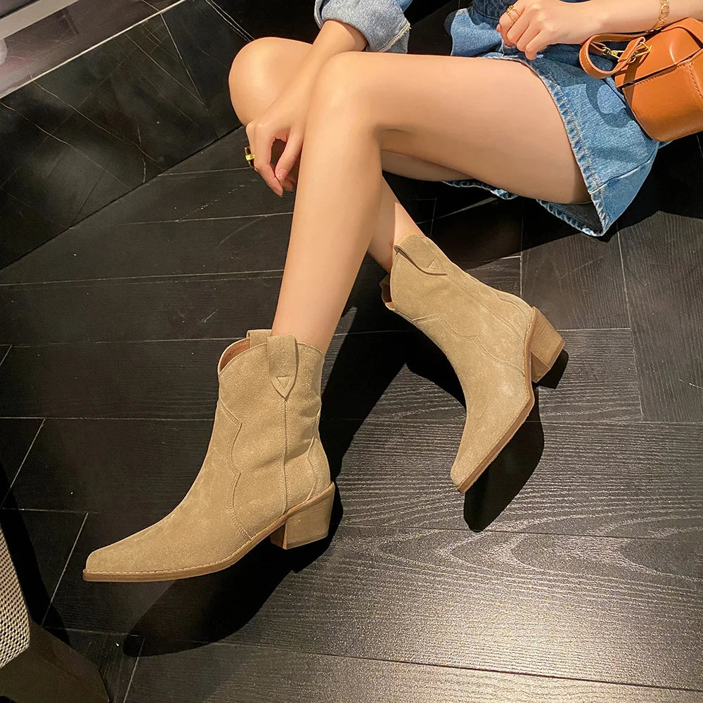 2023 Classic Western Boots for Woman Cow Suede Pointed toe Wedges Heel Ankle Boots Simple Comfortable Cowboy Boots Female