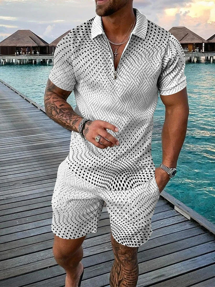 Boho Geometric Style 3D Print Men Polo shirts Set Zipper Lapel Polo Sets Zipper Collar+Shorts 2pcs Hawaii Holiday Man Clothes