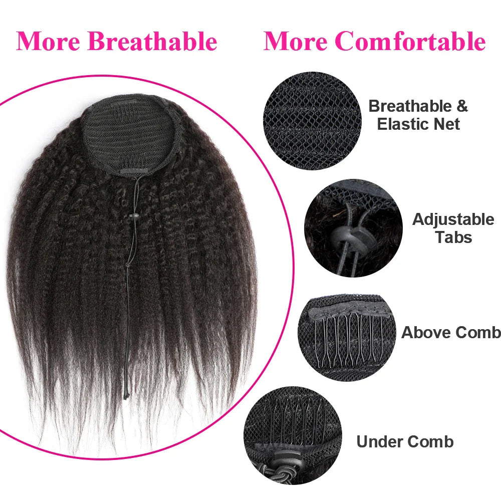 Megeen Afro Kinky Straight Ponytail Human Hair Italian Yaki Straight Drawstring Ponytail Clip In Brazilian Remy Hair Extensions