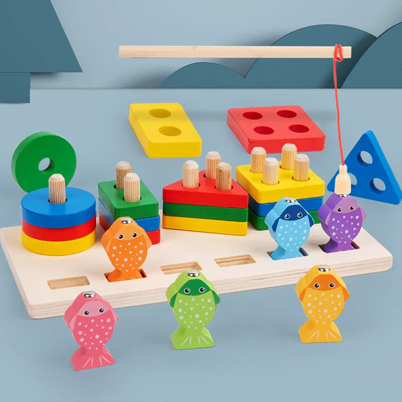 2 in 1 Montessori Baby Developmental Toys Shape Sorting Puzzle and Fishing Game Wooden Educational Toys for Children 3 4 5 Years