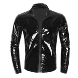 Men Wet Look Patent Leather Coat Long Sleeve Front-Zip Shiny Metallic Tops Fashion Man's Jackets Moto Biker Nightclub Clubwear