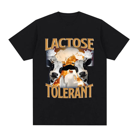 Lactose Tolerant Graphic Print T-Shirt Men's Vintage Fashion Short Sleeve T-shirts 100% Cotton Casual Cozy Oversized T Shirts