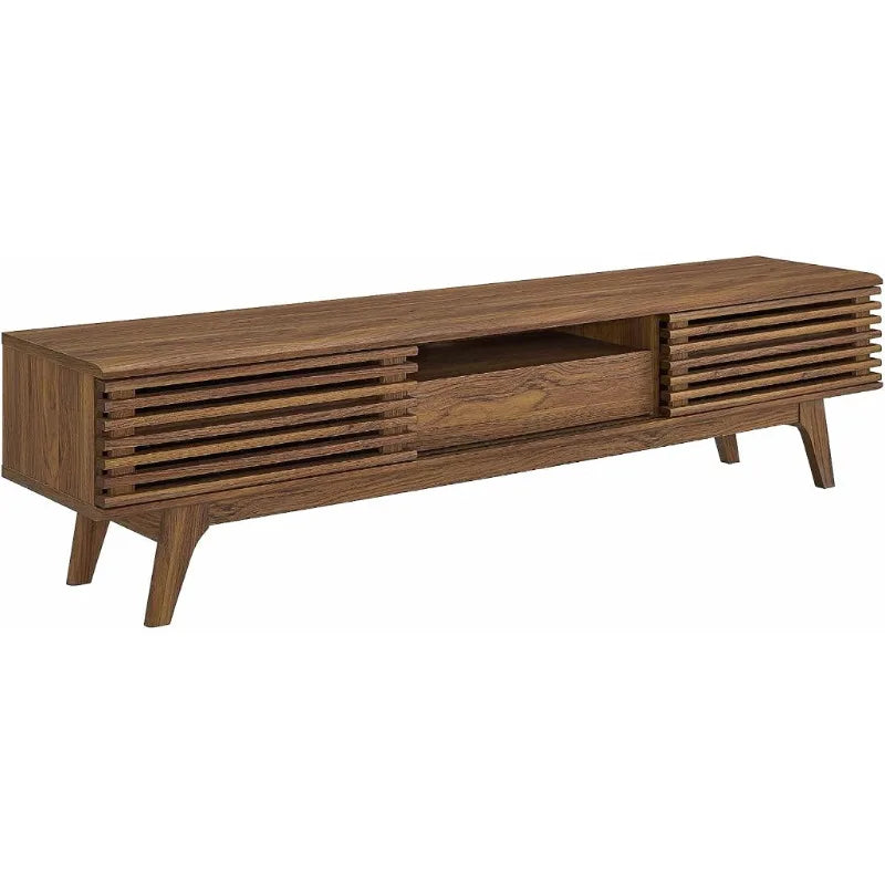 70" Mid-Century Modern Low Profile Entertainment TV Stand, 70 Inch, Walnut Walnut