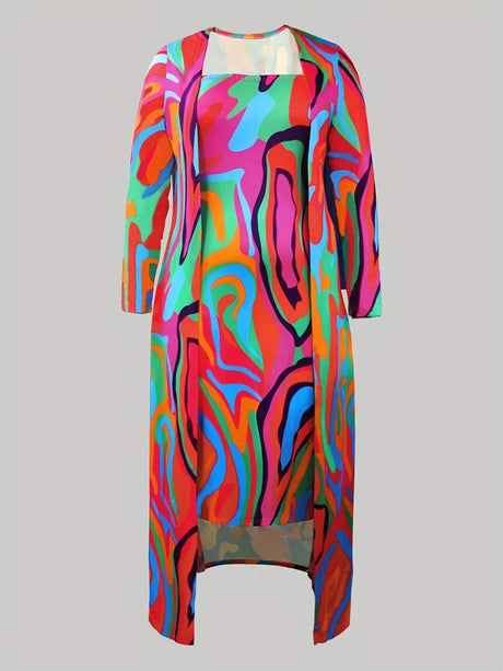 LW Plus Size Women Casual Long Sleeve Multi Colour Off The Shoulder Mixed Print 2 Pieces Of Dress (With Outerwear)