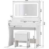 Vanity Desk with LED Lighted Mirror & Power Outlet & 4 Drawers, Dressing Makeup Table Set with Storage Stool, White