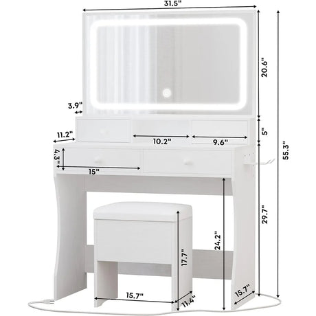 Vanity Desk with LED Lighted Mirror & Power Outlet & 4 Drawers, Dressing Makeup Table Set with Storage Stool, White