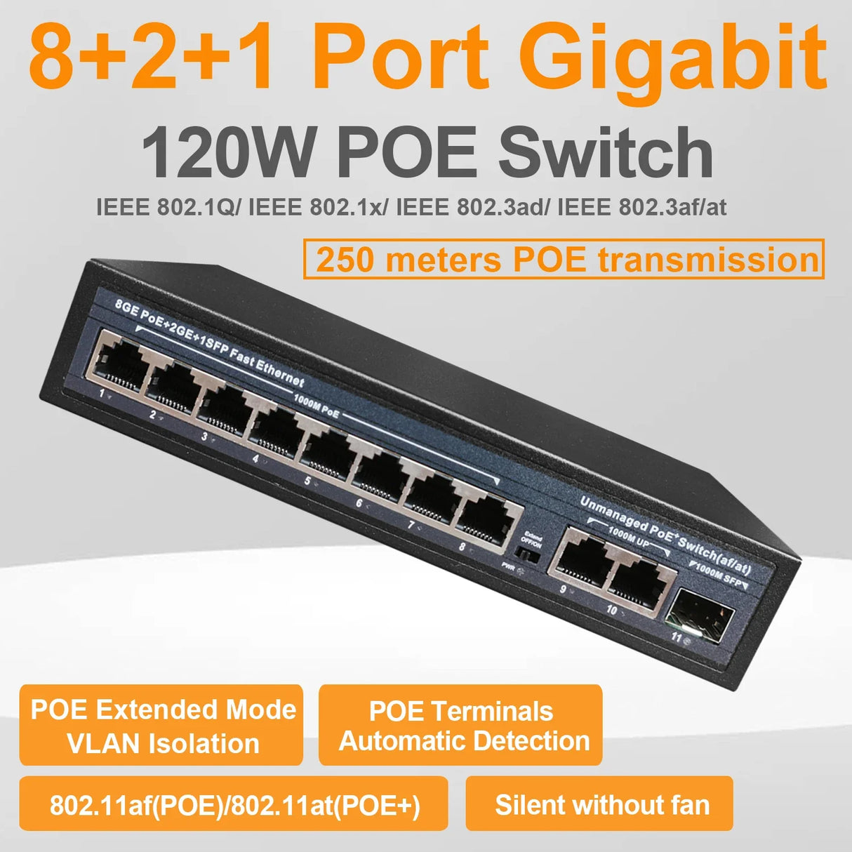 Full Gigabit POE Network Ethernet Switch Unmanaged  Hub 120W 8 POE +2 RJ45 +1 SFP Uplink Ports 1000Mbps 802.3 Af At for CCTV