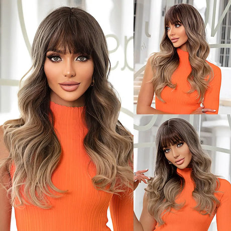 HAIRCUBE Long Ombre Brown Black Light Blonde Synthetic Wigs with Bangs Heat Resistant Straight Wigs for Women Natural