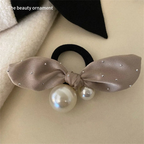 Fashion Seamless Black Hair Ties Rope Simple Pearl Beaded Ponytail Holders Rubber Band With Ribbon For Women Girls